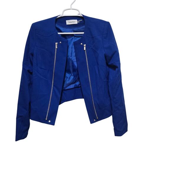 Calvin Klein Blue Open Front Jacket Women’s 6 Faux Zip Work Blazer - Picture 1 of 8